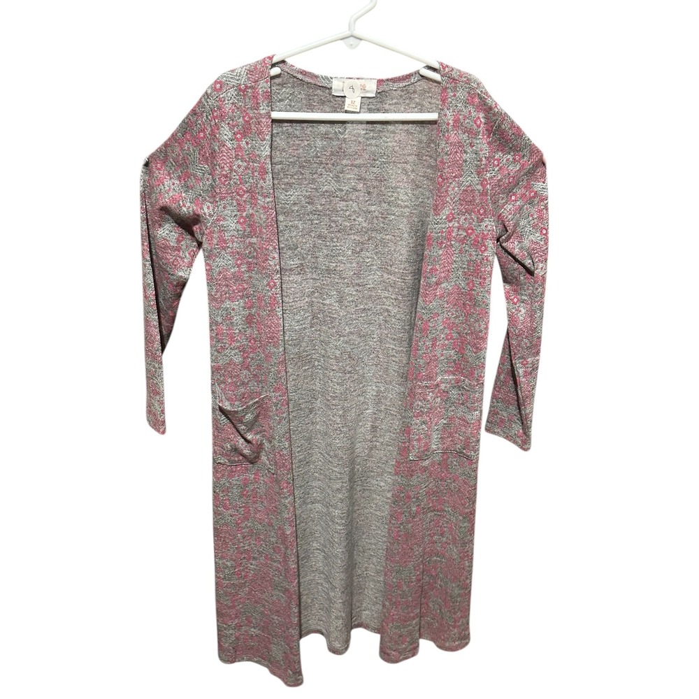 LuLaRoe Sariah Girls Cardigan‎ Size 12 Gray Pink Geometric Duster Open Front